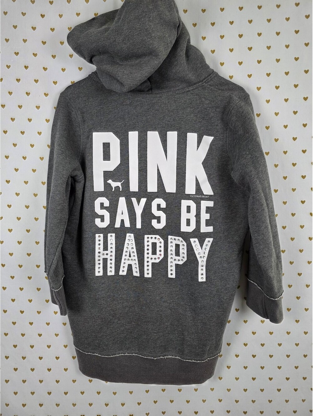 Victorias Secret Pink Vintage Be Happy Hooded Oversized Sweater Grey Bling L